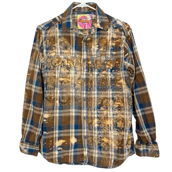 Handmade Boho Flannel Shirt Womens Small Stencil Splatter Bleached Plaid Brown - Picture 1 of 8